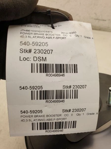 14-15 LEXUS IS350 3,5 L TRACCIÓN TRASERA EN MONTAJE DE REFUERZO DE FRENO ELÉCTRICO Foto 4 de 4