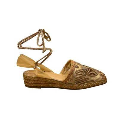 Stuart Weitzman Women s Brown Embroidered Espadrille Lace-Up Satin Flats Size 7