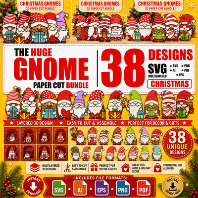 Christmas Gnome SVG Bundle, 38 Designs Multilayer 3D Papercut,  Digital Download