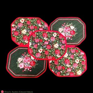 (5) Vintage Quilted Winter-to-Spring Reversible Floral Placemats Rose Poinsettia