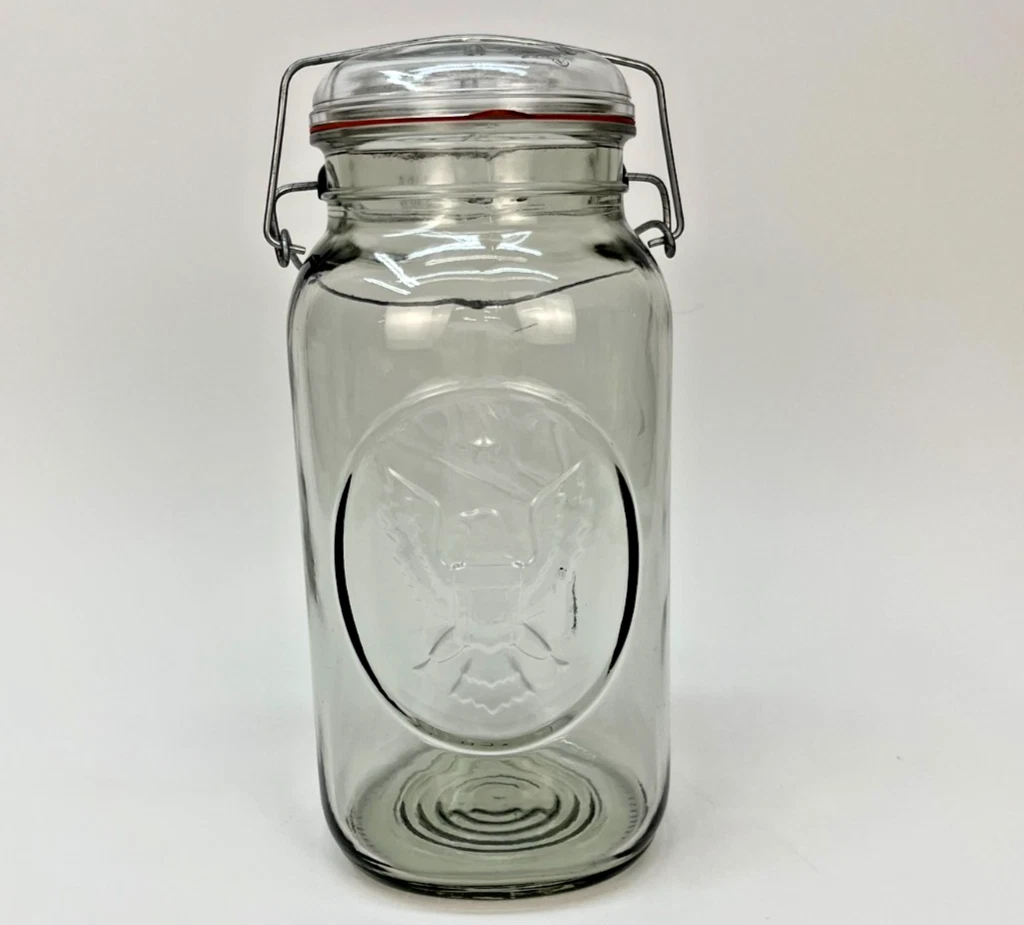 BALL Mason Jar Embossed Eagle Star IDEAL wire bail Glass 12” Tall 1 Gal Vintage