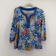 Croft & Barrow Tropical Leaf Print Embellished Neck 3/4 Sleeve Top Womens Medium