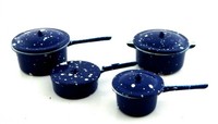 Puppenhaus Blau Gepunktete Kasserolle Pfanne Set Miniatur 1:12 Metall