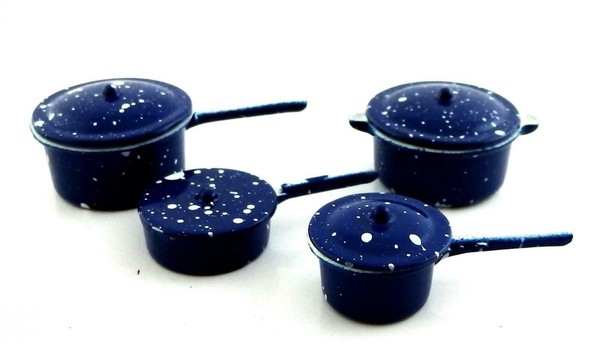 Puppenhaus Blau Gepunktete Kasserolle Pfanne Set Miniatur 1:12 Metall-image
