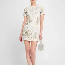 NWT La Fuori Lysandra Geo-Petal Embellished Mini Dress White Medium Beaded 