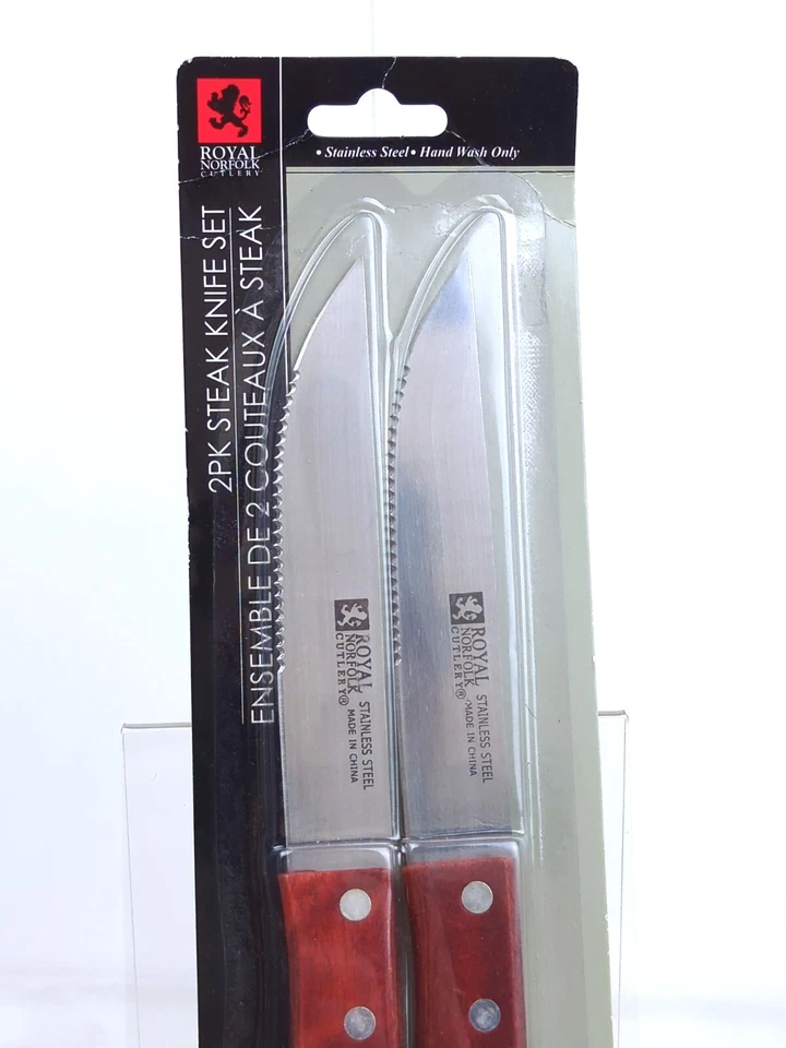JUEGO DE CUCHILLOS PARA CARNE ROYAL NORFOLK 2pk, hoja de acero inoxidable mango de madera, ¡nuevo IOP! Foto 2 de 4