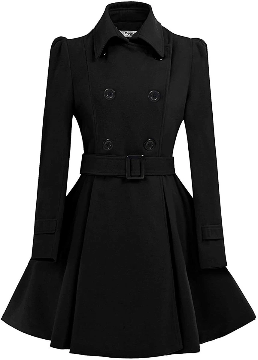 ForeMode Women Swing Double Breasted Wool Pea Coat with Belt