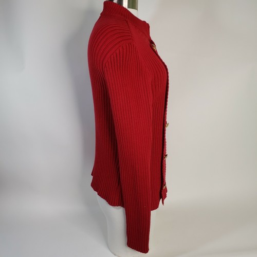 Women's Chaps Double Breasted Cotton Sweater Cardigan Ribbed Knit Gold Buttons M - Picture 2 of 9