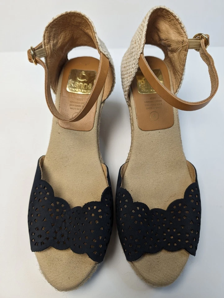 ZAPATOS ALPARGATA KANNA SPAIN 8 PUNTERA ABIERTA CUERO SUPERIOR AZUL TOSTADO CUÑA ¡LINDOS! Foto 2 de 4