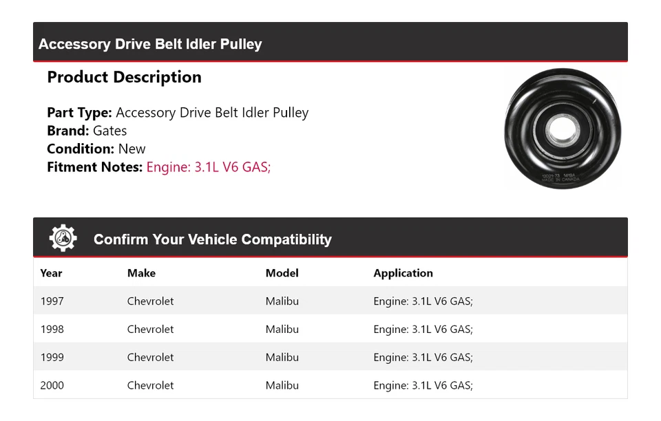 Para Chevrolet Malibu 1997-2000 3,1 L V6 GAS correa de transmisión polea loca puertas 1998 Foto 2 de 4