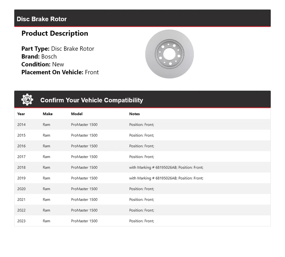 Rotor de freno de disco delantero para Ram ProMaster 1500 Bosch QuietCast 2014-2023 2015 Foto 2 de 4
