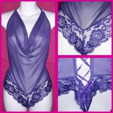 Purple Sheer Mesh Lace Halter Lace Up Bodysuit L