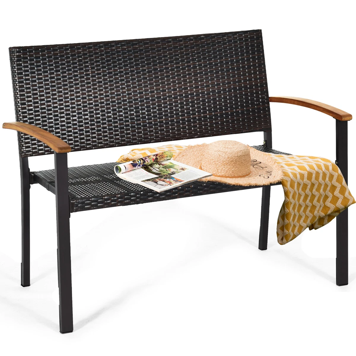 Rattan Park Bench Outdoor Wicker Loveseat w Acacia Wood Armrest