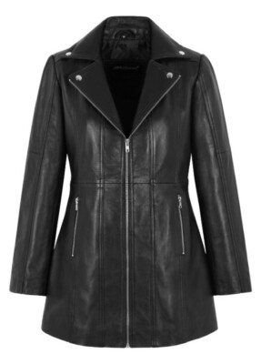 NOORA Women's Biker Style Leather Jacket Black Mid Length Slim Fit Coat