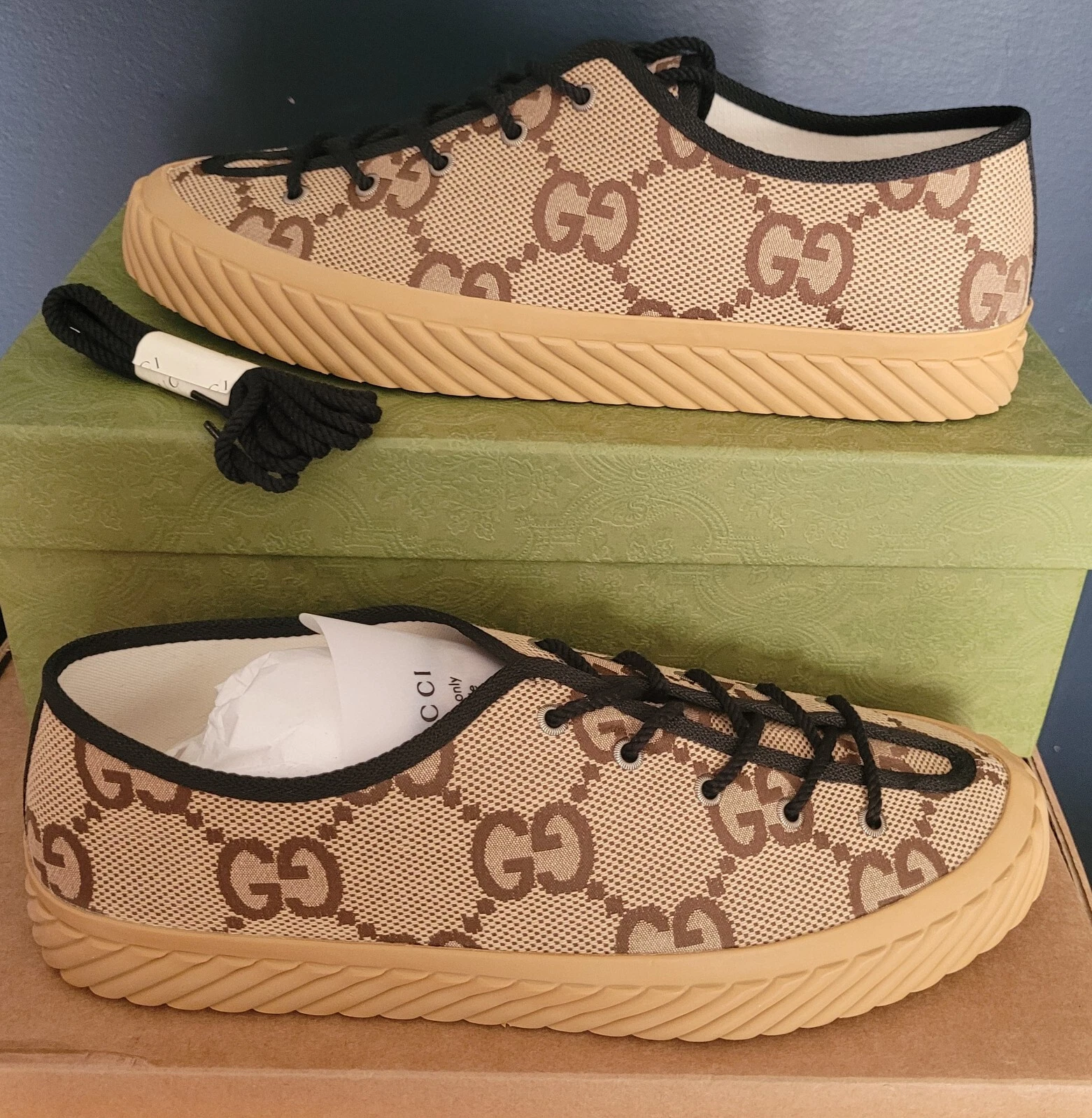NEUF AUTHENTIQUE GUCCI MAXI GG HAUT BAS HOMME « BEIGE EBONY » GUCCI 14,5 (US 15)