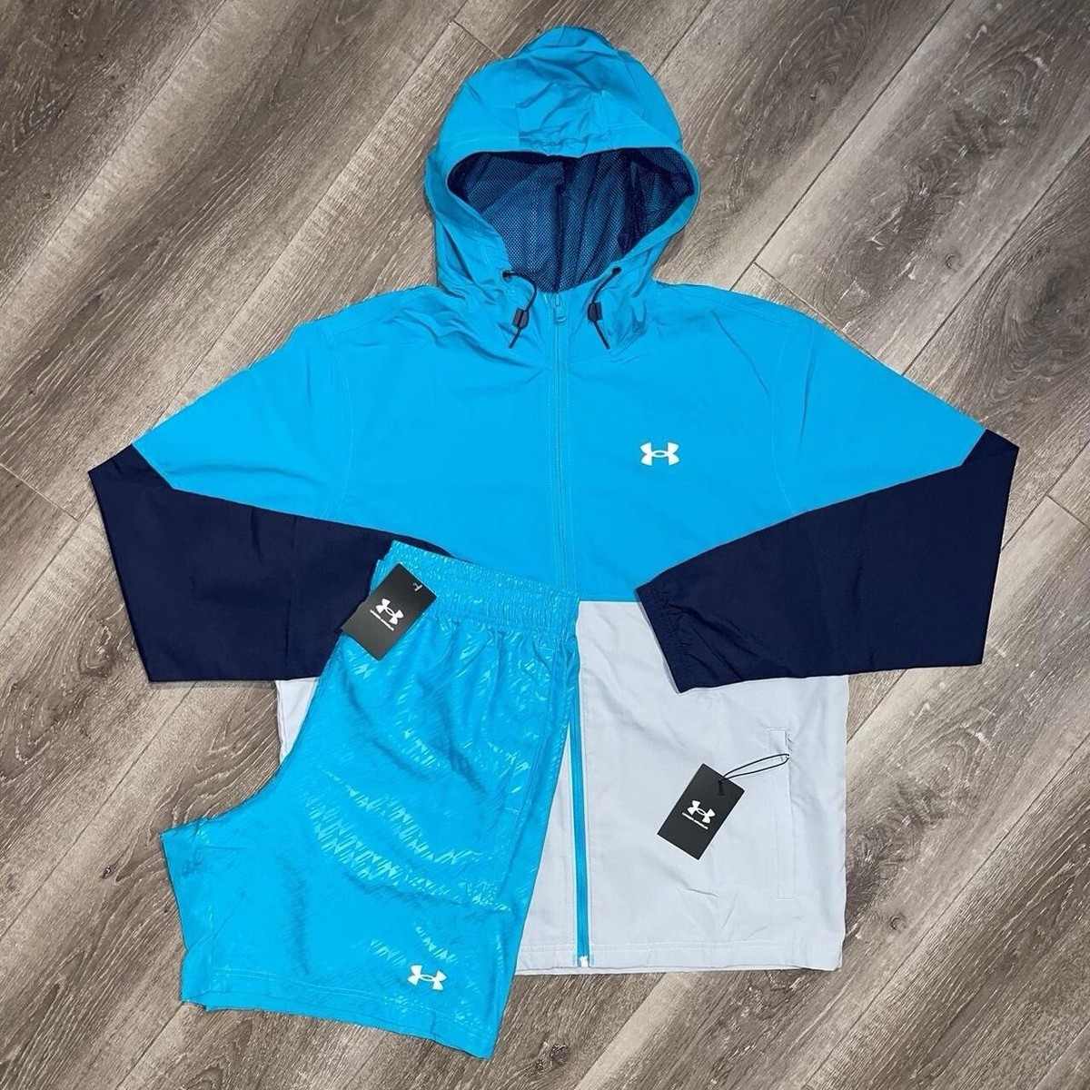Under Armour Aqua Navy Blue White Windrunner Jacket Shorts Set BNWT Large  L
