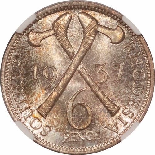 SOUTHERN RHODESIA 6 PENCE 1937 NGC MS66+ TOP POP - Picture 2 of 3
