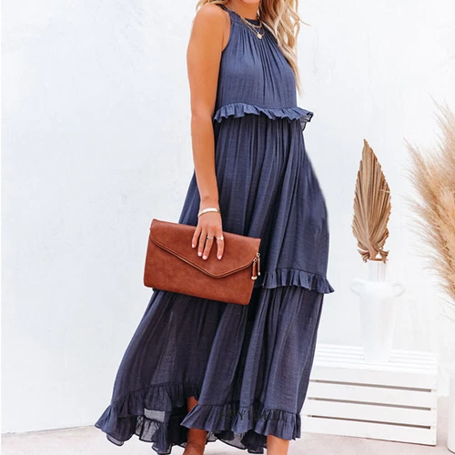 Womens Summer Maxi Dress Sleeveless Halter Neck Flowy Ruffle Hem Long Boho Dress - Picture 21 of 32