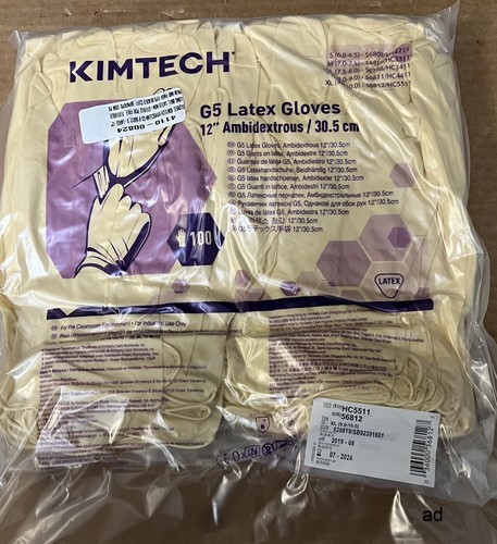 Kimtech G5 Latex Cleanroom Gloves #56812 12", XL, Bag of 100 (50 PR) - NEW