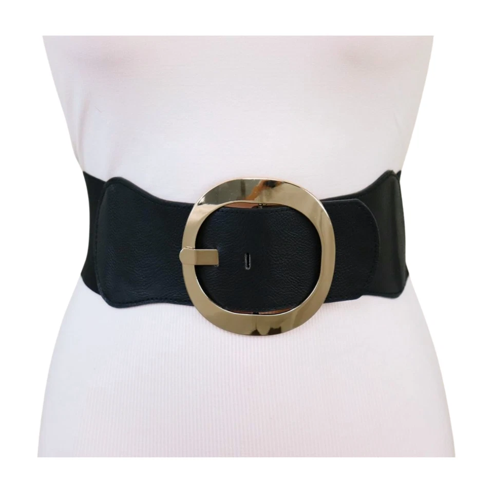 Mujeres Negro Ancho Imitación Cuero Elástico Cómodo Cinturón Hebilla Metal Dorado Talla S Foto 2 de 4