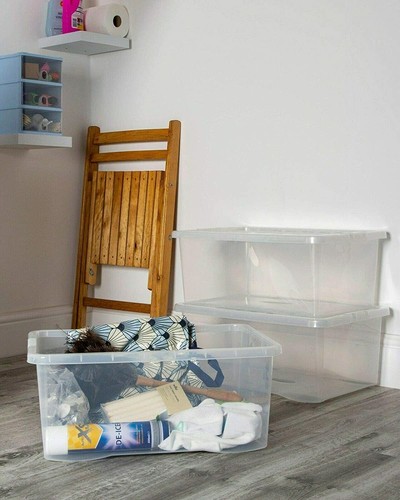 Set of 2 Clear Plastic Storage Box With Lid Stackable Containers Home Office 45L - Picture 4 of 12