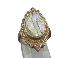 925 Sterling Silver Vintage Abalone  Marcasite Cocktail Ring Sz 5.5 RG21229