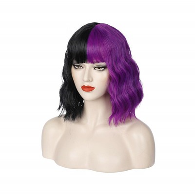Half Black And Half Purple Wig 2 Tone Dyed With Bangs Short Curly Wavy Bob Wig Ebay