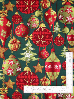 Christmas At Home Holiday Ornament Traditional Green Cotton Fabric By The Yard