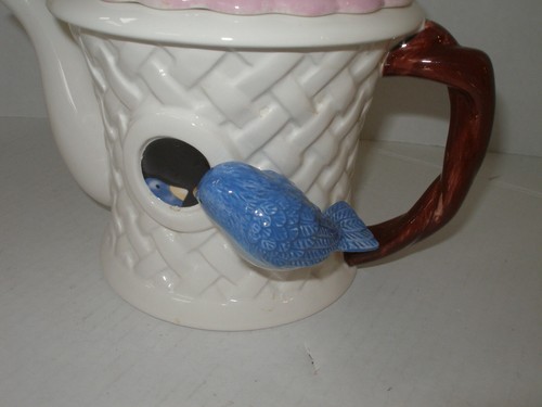 Tetera Teleflora Birdhouse Cerámica Pájaros Azules Nueva - Imagen 3 de 11