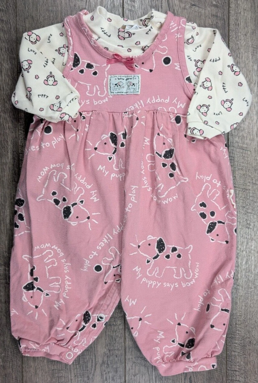 Baby Girl Clothes Vintage Carter's 6-9 Month 2pc Puppy Bow Wow Overalls Outfit