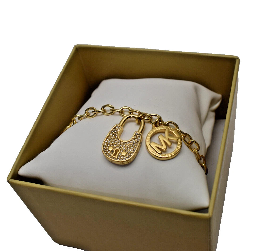 Michael Kors Pave Padlock Logo Chain Bracelet Goldtone Brass New in Box