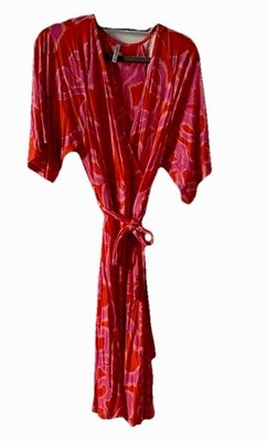 Summum Abstract Orange Pink Wrap Midi Dress XS Viscose Tie Short Sleeve