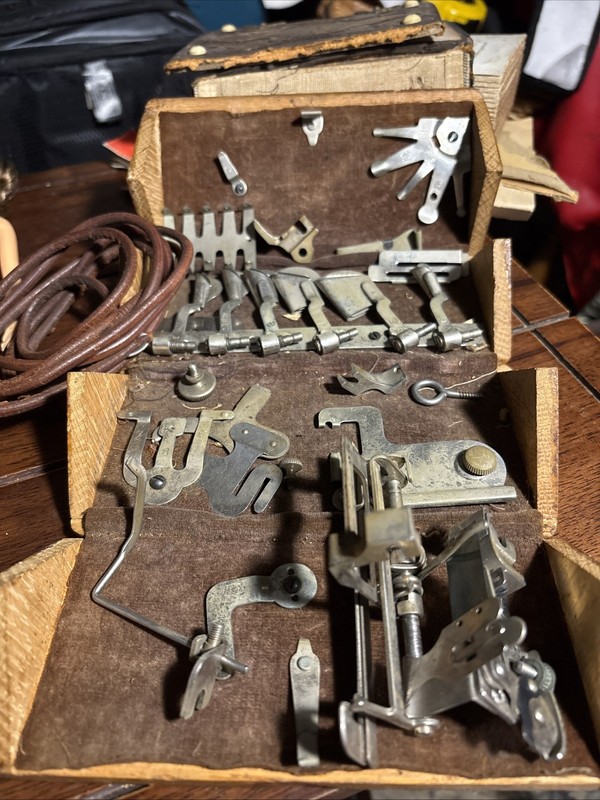 Antique 1889 Singer Oak Sewing Puzzle Box with Machine Attachments & Key