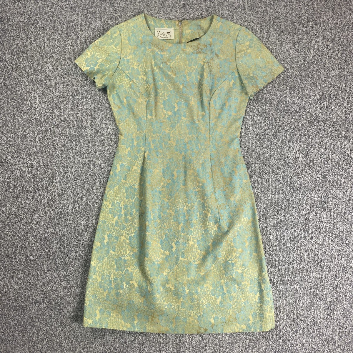 Vintage 50s LESLIE FAY Dress XS Golden Teal Floral Short Sleeve Knee Length  | eBay