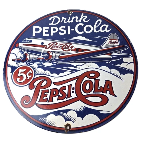 Vintage Pepsi Porcelain Sign - 5 Cent Airplane Ad Drink Soda Cola Sign