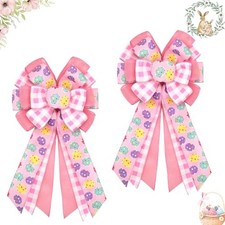 Large Easter Bows for Wreath 20x11 Inch, 2 Pack Pre-Tied Easter Egg Wired Pink