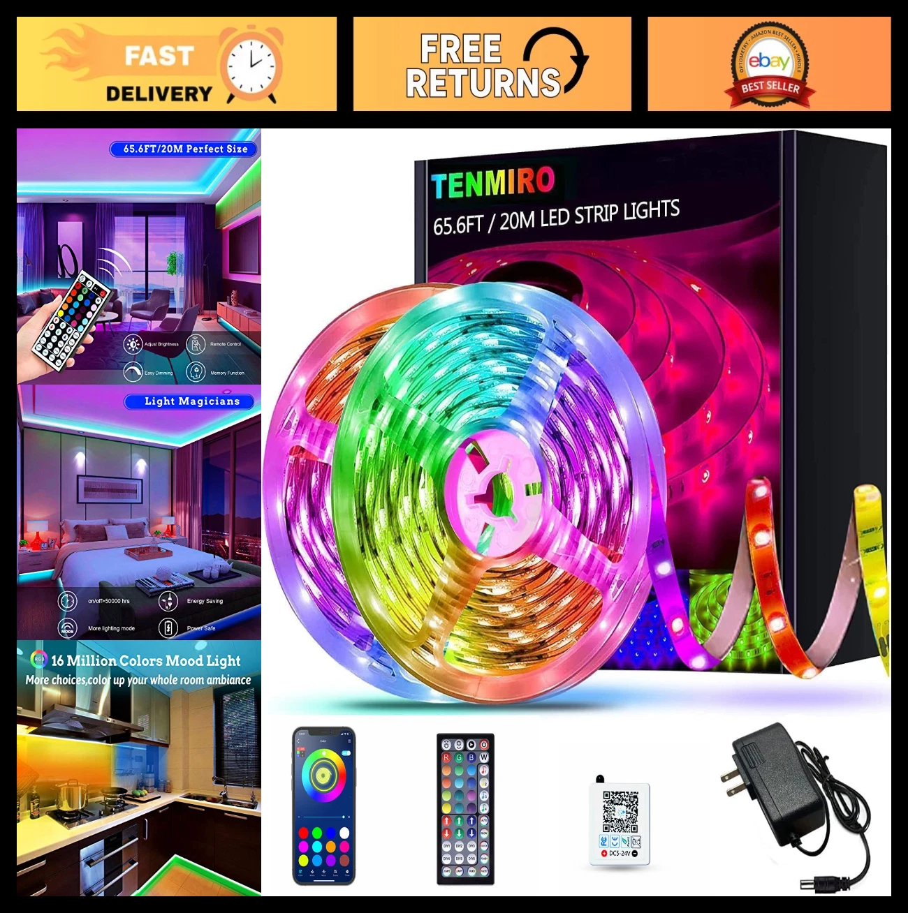 65.6ft RGB LED Strip Lights Kit - Color Changing, Remote Control, Home Decor