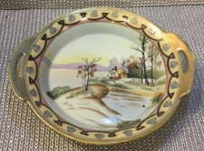 ANTIQUE NIPPON DOUBLE HANDLED HAND PAINTED BOWL HOUSE SCENE