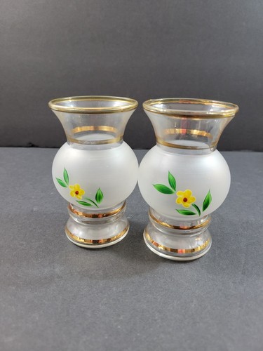 Set/2 Vintage Bartlett Collins Posey Vase satiniertes Glas Goldrand handbemalt floral - Bild 8 von 12