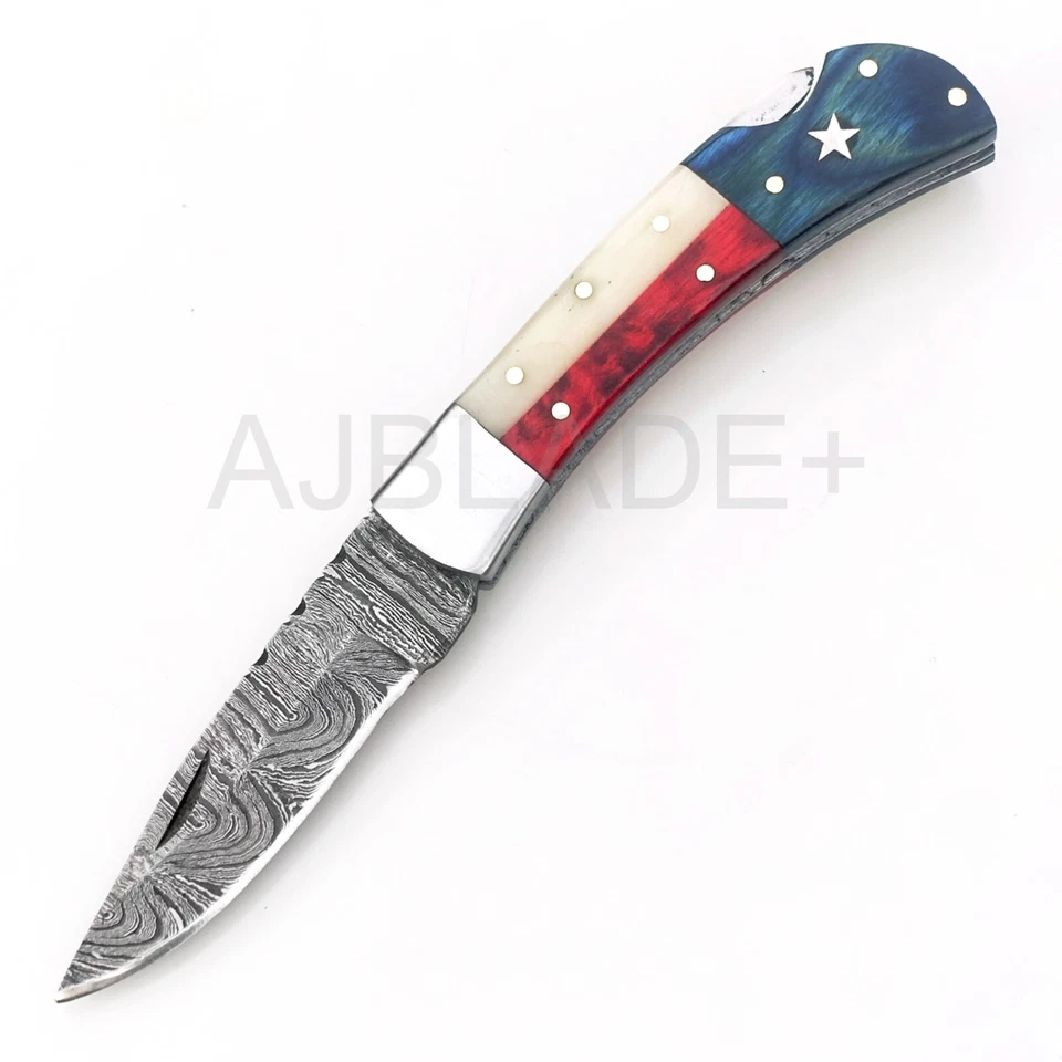 HANDMADE DAMASCUS STEEL BLADE TEXAS FLAG FOLDING POCKET KNIFE WITH SHEATH; 494 - Image 3 of 4