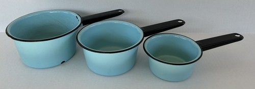 Vintage Enamelware Sauce Pans Turquoise Blue Pots (3) 1, .75, .25 Quart 1950's