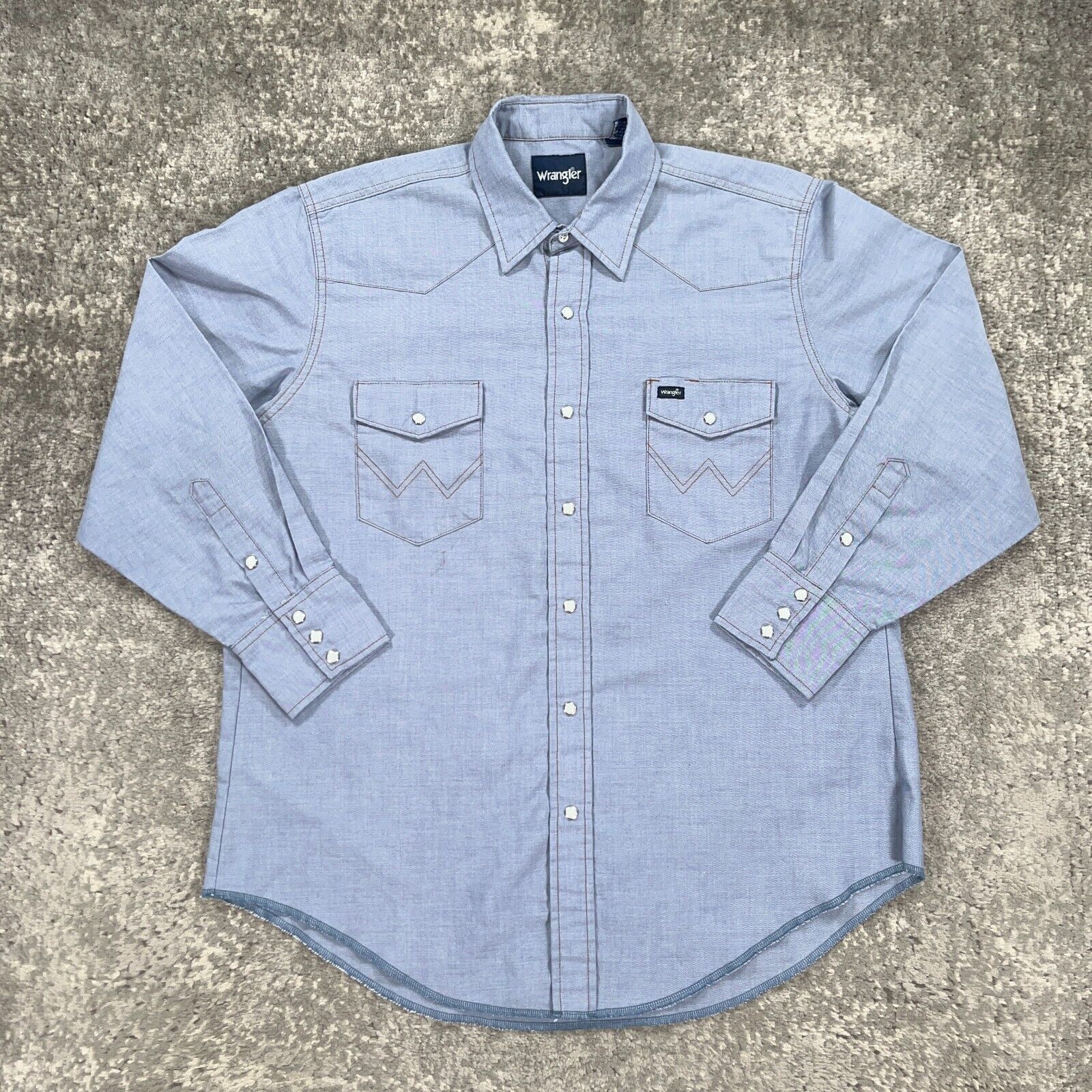 VTG Wrangler Western Shirt Mens 17.5X34 Blue Cham… - image 1