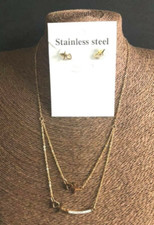 Love Heart,Crystal Stainless Steel Gold Tone Double Layer Chain/ earring set