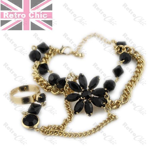 RETRO esclavo PULSERA negro flor ORO MODA cadena JOYERÍA DE MANO anillo BOHO - Imagen 6 de 6