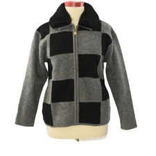 90s Boiled Wool Color Block Sweater Zip Front Faux Fur Collar Womens XLLisa Inte