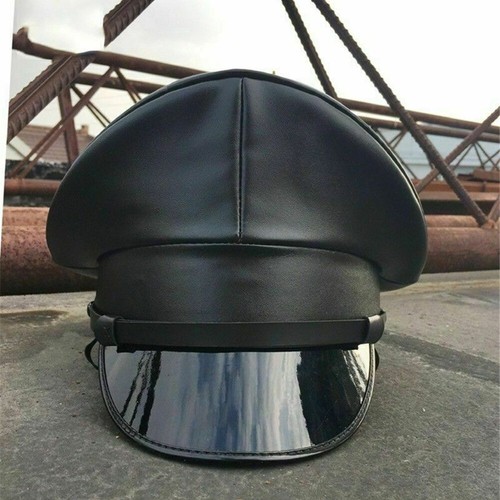 Mens Faux Leather Black Police Gay Military Army Muir Biker Peaked Caps Hat - Picture 9 of 14