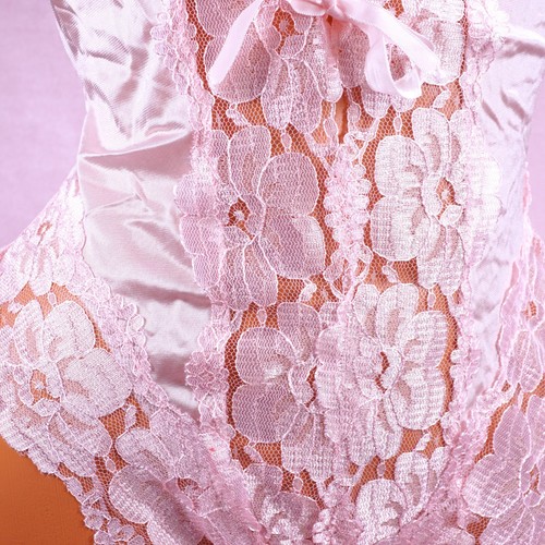VTG Baby Pink shiny Nylon Teddy Lacy Tie Front Romper Slip sz M - Picture 2 of 3
