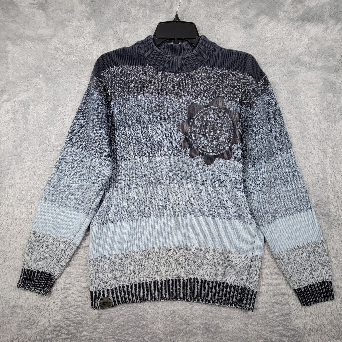 G-Yinu Raw Sweater M Blue Ombre Stripe Knit Logo Long Sleeve