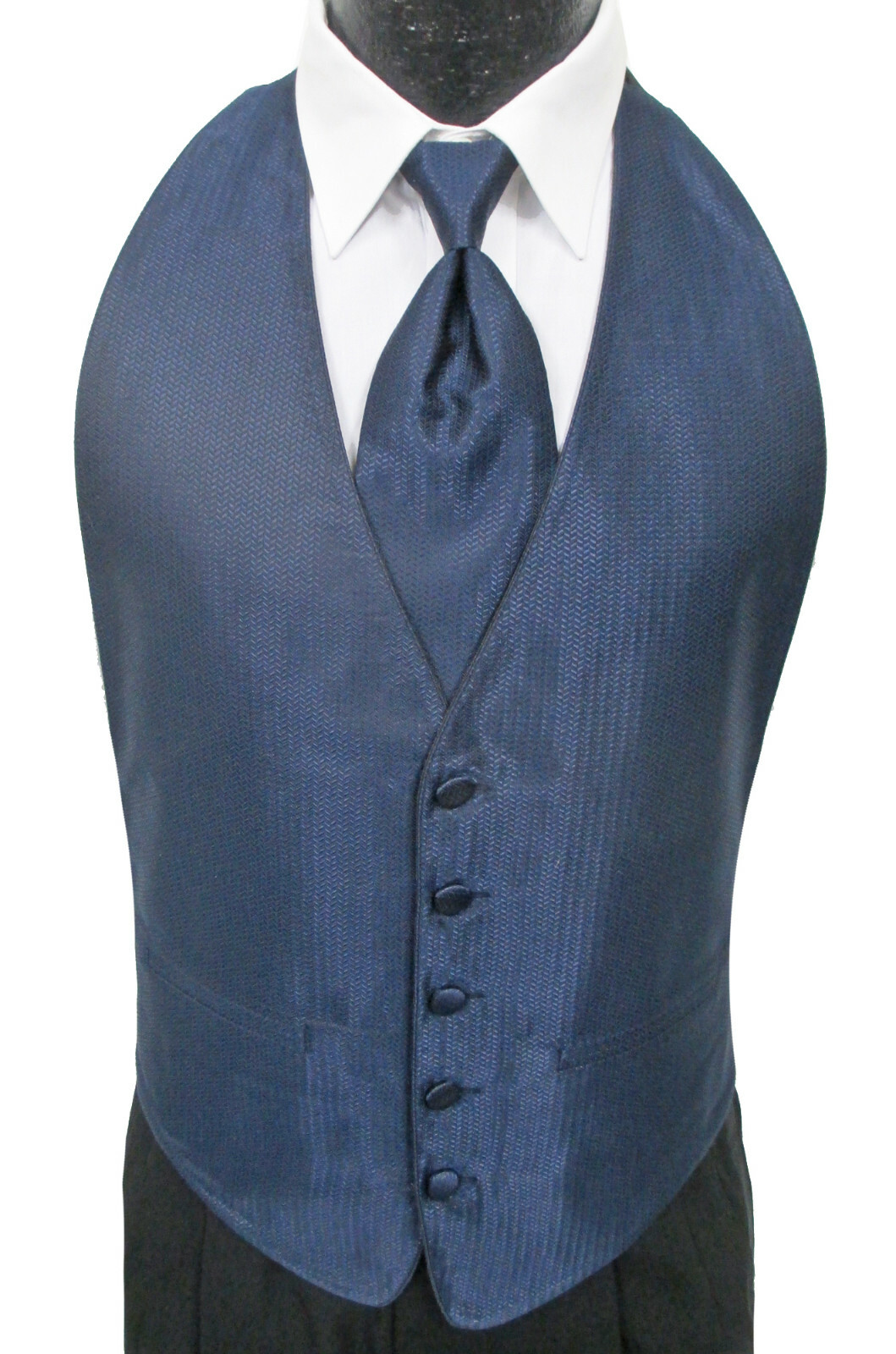 Men's Navy Blue Tuxedo Vest & Tie Open Back with Herringbone Pattern