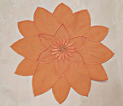 VINTAGE CHRISTMAS POINTSETTIA ORANGE EMBROIDERY 11'' COASTER PLACEMATE DOILY